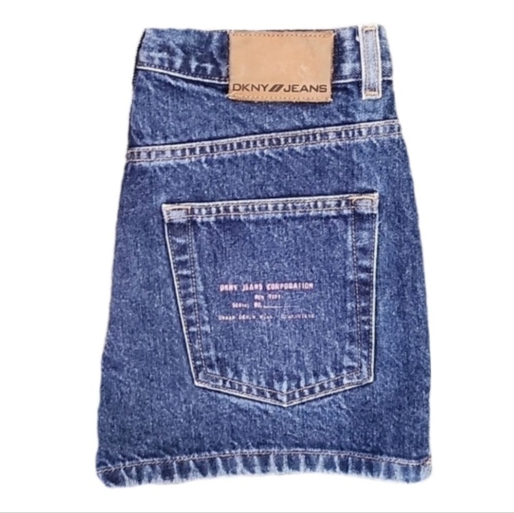 DKNY Blue Denim Jean Shorts with Tan Leather Patch
